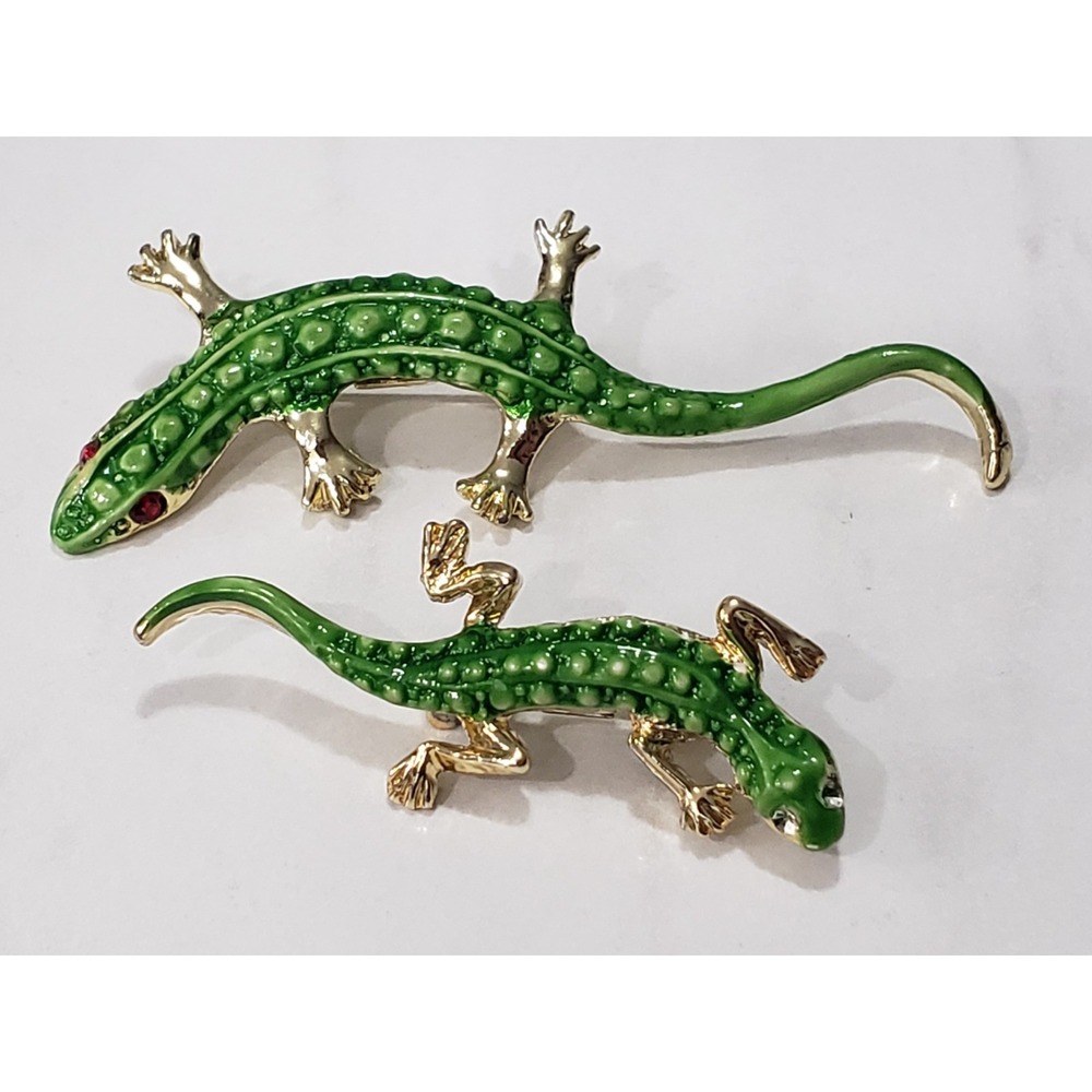 Vintage Green Enamel Lizard Brooch Pin Set Gold Tone Gecko Salamander SET LOT 2